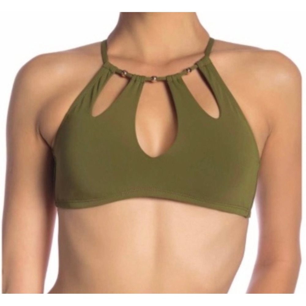 Robin Piccone Luca Clover Green Cutout Bib Bikini Top Gold Beads 181706 NEW